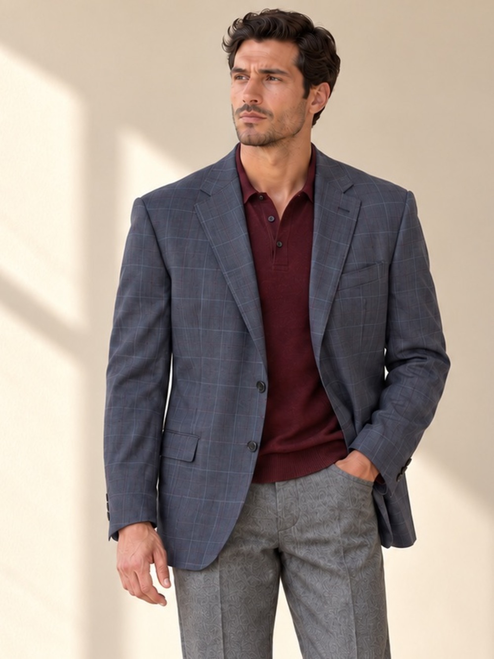 Samuelsohn Harry Rosen Super 150’s Wool Windowpane Plaid Blazer Blue Sz 46R